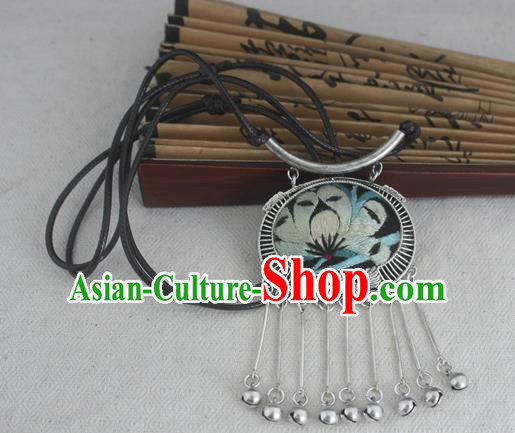 Chinese Miao Sliver Traditional Embroidered Necklace Hmong Ornaments Minority Bells Tassel Longevity Lock for Women