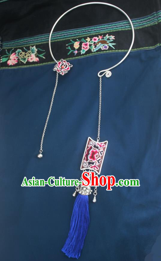 Chinese Traditional Miao Sliver Necklace Hmong Ornaments Minority Bells Tassel Longevity Lock for Women