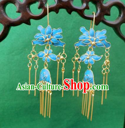 Chinese Traditional Ornaments Accessories Ancient Miao Minority Blue Lotus Earrings for Women