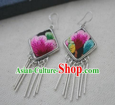 Chinese Traditional Miao Sliver Earrings Hmong Ornaments Accessories Minority Embroidered Flower Eardrop for Women