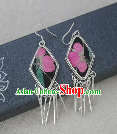 Chinese Traditional Miao Sliver Embroidered Earrings Hmong Ornaments Accessories Minority Eardrop for Women