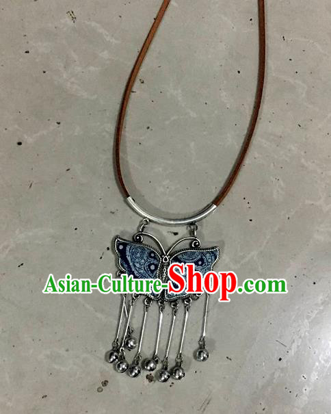 Chinese Traditional Miao Sliver Embroidered Hmong Ornaments Accessories Minority Butterfly Necklace for Women
