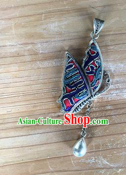 Chinese Traditional Miao Sliver Embroidered Hmong Ornaments Accessories Minority Butterfly Necklace Pendant for Women