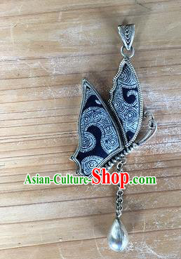 Chinese Traditional Miao Sliver Embroidered Hmong Ornaments Accessories Minority Navy Butterfly Necklace Pendant for Women