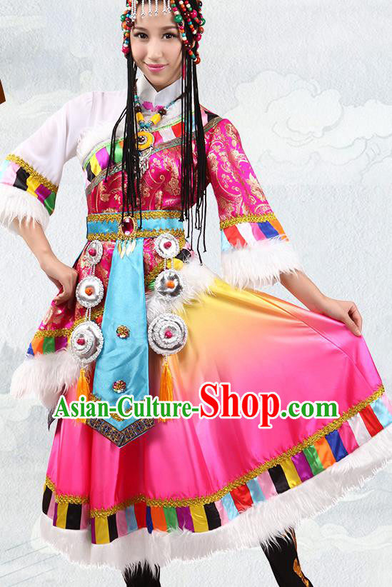 Traditional Chinese Zang Nationality Dance Rosy Costume, Tibetan Minority Folk Dance Ethnic Clothing for Women