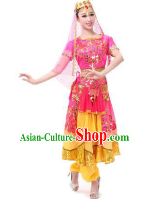 Traditional Chinese Xinjiang Uyghur Nationality Rosy Dress, Uigurian Minority Folk Dance Ethnic Costume for Women