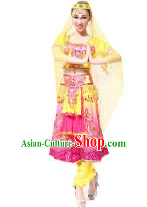 Traditional Chinese Xinjiang Uyghur Nationality Pink Dress, Uigurian Minority Folk Dance Ethnic Costume for Women