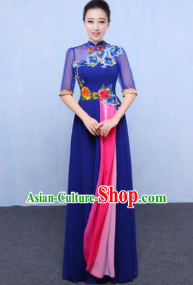 Chinese Traditional Chorus Singing Group Embroidered Costume, Compere Classical Dance Blue Dress for Women