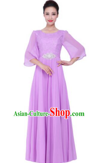 Top Grade Chorus Singing Group Lilac Lace Full Dress, Compere Stage Performance Modern Dance Costume for Women