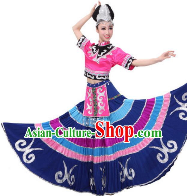 Traditional Chinese Yi Ethnic Dance Dress, China Yi Minority Folk Dance Costume and Headwear for Women