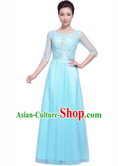 Top Grade Chorus Singing Group Beading Embroidery Blue Full Dress, Compere Stage Performance Modern Dance Costume for Women