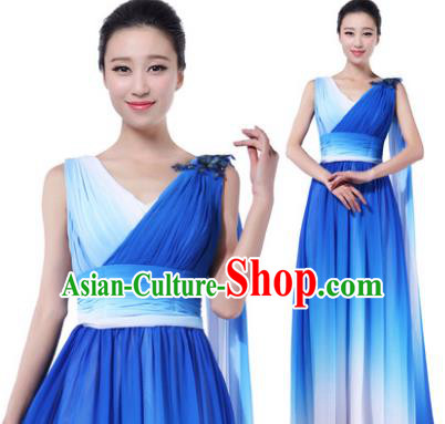 Traditional Chorus Singing Group Modern Dance Costume, Compere Classical Dance Blue Dress for Women