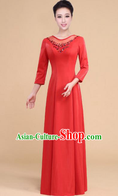 Top Grade Chorus Group Choir Red Full Dress, Compere Stage Performance Modern Dance Costume for Women