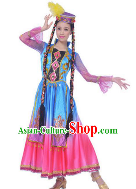 Traditional Chinese Uyghur Ethnic Dance Dress, China Uigurian Minority Folk Dance Costume and Hat for Women