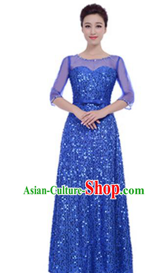 Top Grade Chorus Group Choir Royalblue Sequins Full Dress, Compere Stage Performance Modern Dance Costume for Women