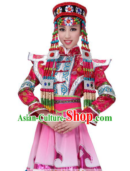 Traditional Chinese Mongol Nationality Pink Dress, Mongolian Minority Folk Dance Ethnic Costume for Women