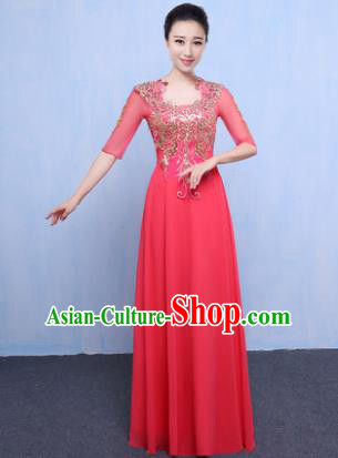 Top Grade Chorus Singing Group Modern Dance Embroidered Pink Dress, Compere Classical Dance Costume for Women