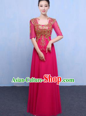 Top Grade Chorus Singing Group Modern Dance Embroidered Rosy Dress, Compere Classical Dance Costume for Women