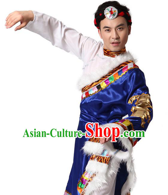 Traditional Chinese Zang Nationality Clothing, Tibetan Minority Folk Dance Ethnic Costume and Headpiece for Men