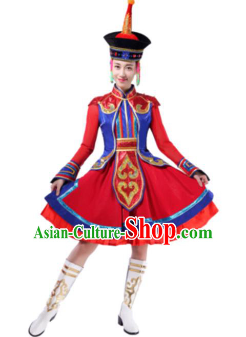 Traditional Chinese Mongol Nationality Red Dress, Mongolian Minority Folk Dance Ethnic Costume and Hat for Women