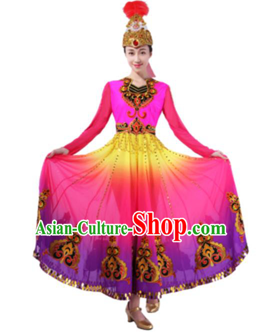 Traditional Chinese Uyghur Nationality Rosy Dress, Uigurian Minority Folk Dance Ethnic Costume and Hat for Women