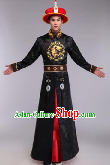 Traditional Chinese Ancient Manchu Prince Costume Qing Dynasty Infante Embroidered Black Robe and Hat for Men