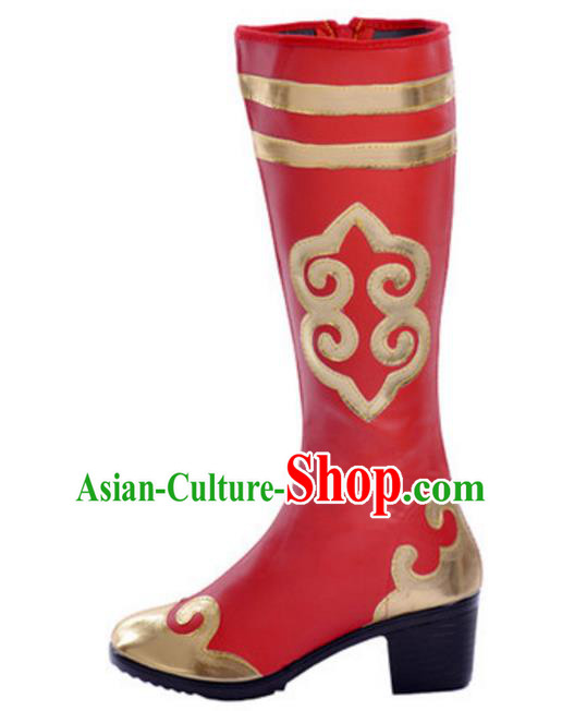 Chinese Traditional Mongol Dance Shoes, Uigurian Minority Folk Dance Red Boots for Women