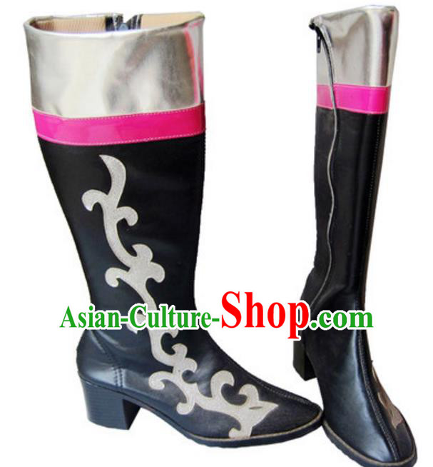 Chinese Traditional Mongol Dance Shoes, Uigurian Minority Folk Dance Black Boots for Women