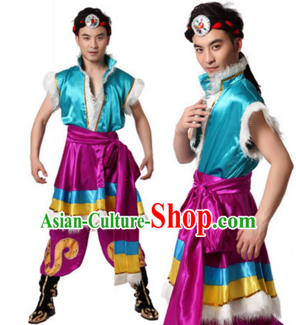 Traditional Chinese Zang Nationality Blue Clothing, Tibetan Minority Folk Dance Ethnic Costume for Men