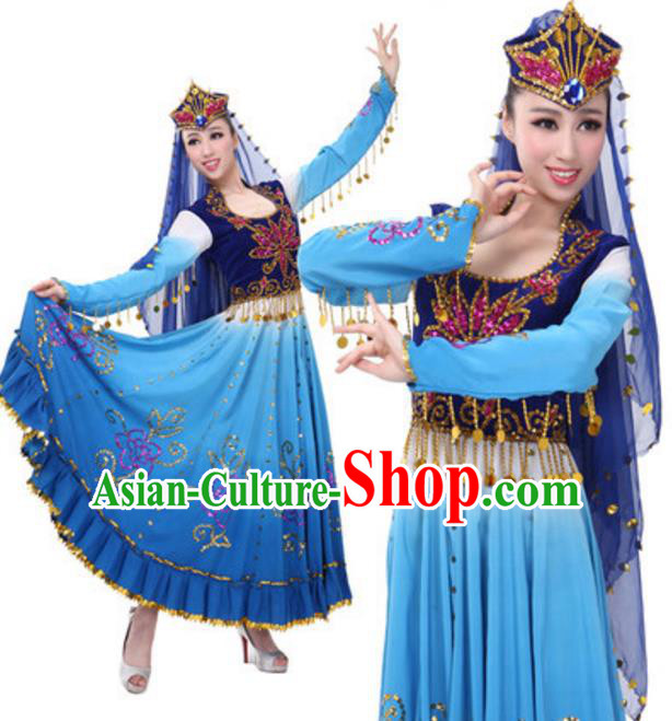 Traditional Chinese Uigurian Nationality Blue Clothing, Uyghur Minority Folk Dance Ethnic Costume and Hat for Women