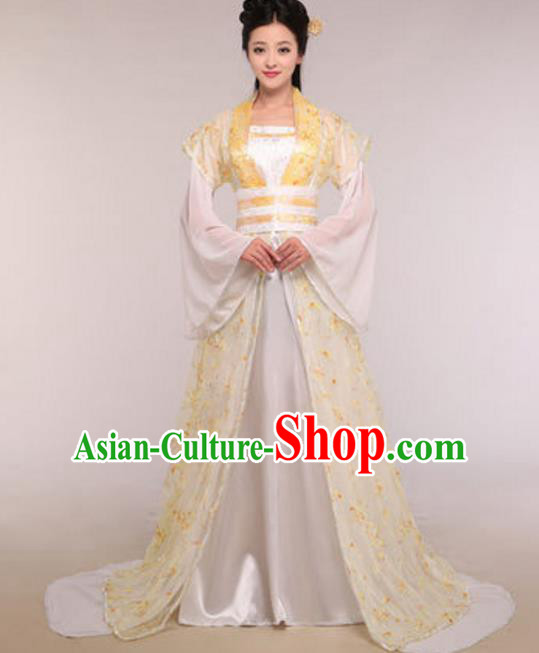 Traditional Chinese Ancient Palace Lady Costume Tang Dynasty Princess Embroidered Yellow Hanfu Dress for Women