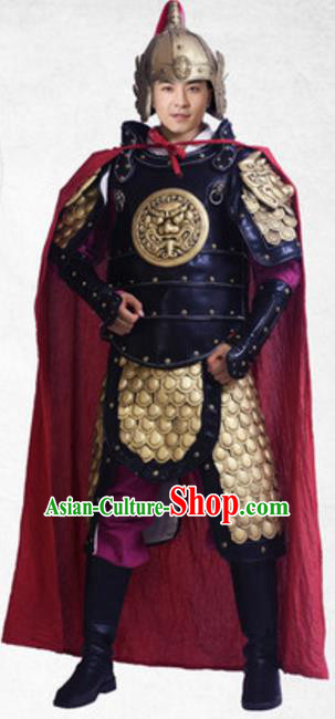 Traditional Chinese Ancient General Costume Tang Dynasty Military Officer Historical Body Armor and Helmet Complete Set