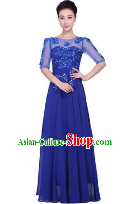 Top Grade Chorus Singing Group Embroidered Lace Full Dress, Compere Classical Dance Royalblue Costume for Women