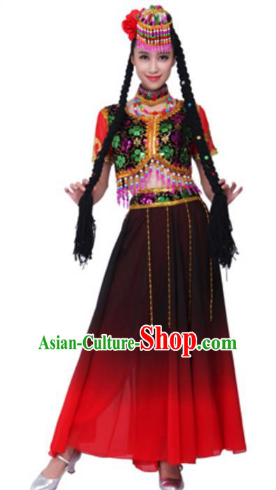 Traditional Chinese Ethnic Dance Clothing, Uigurian Minority Folk Dance Costume and Headwear for Women