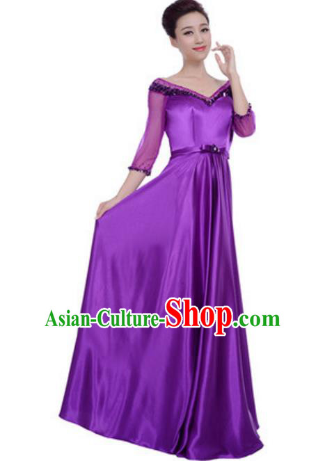 Top Grade Chorus Singing Group Purple Full Dress, Compere Modern Dance Costume for Women