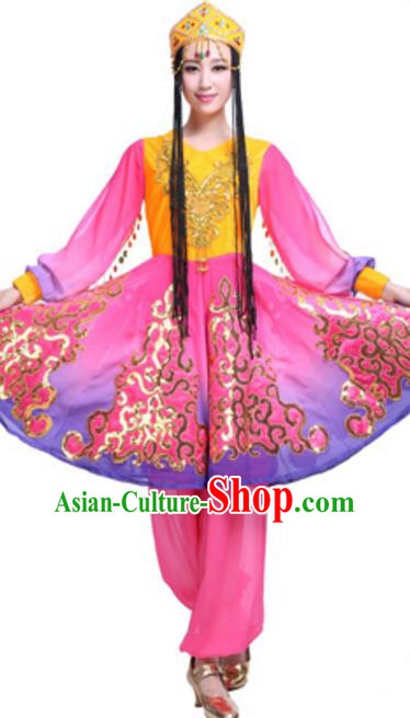 Traditional Chinese Uyghur Ethnic Dance Dress, Uigurian Minority Folk Dance Costume and Headwear for Women