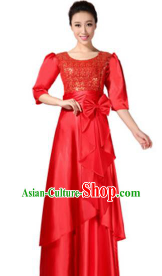 Top Grade Chorus Singing Group Red Sequins Full Dress, Compere Classical Dance Costume for Women