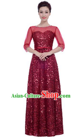 Top Grade Chorus Group Choir Wine Red Sequins Full Dress, Compere Stage Performance Modern Dance Costume for Women