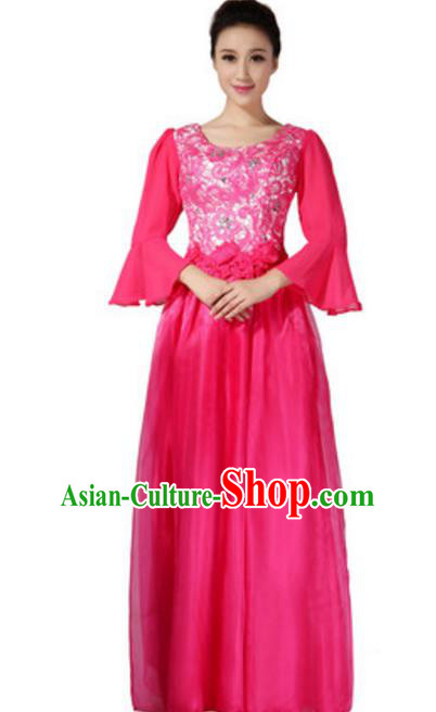 Top Grade Chorus Group Choir Mandarin Sleeve Rosy Full Dress, Compere Stage Performance Modern Dance Costume for Women