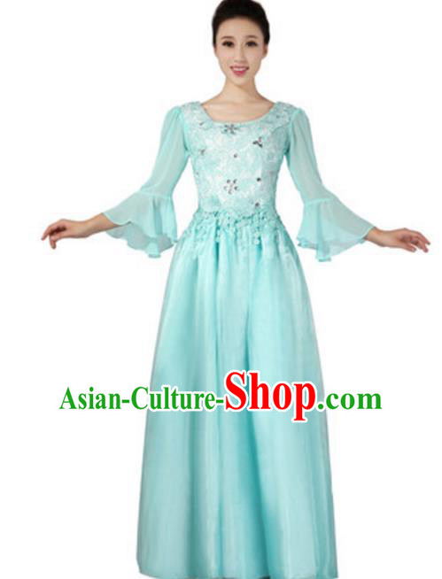 Top Grade Chorus Group Choir Mandarin Sleeve Blue Full Dress, Compere Stage Performance Modern Dance Costume for Women