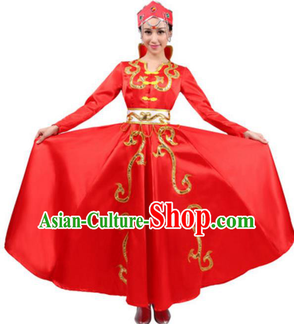 Traditional Chinese Mongolian Ethnic Dance Red Dress, China Mongols Minority Folk Dance Costume and Headwear for Women