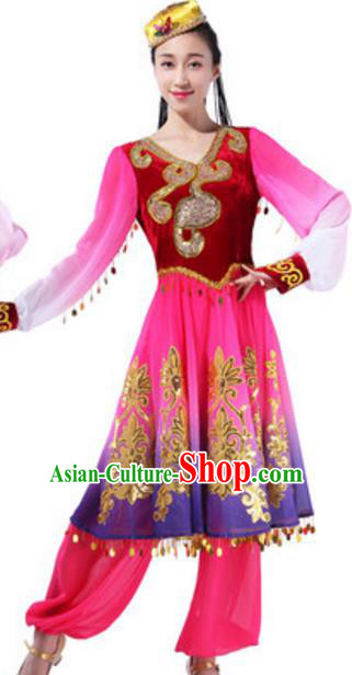Traditional Chinese Uigurian Ethnic Dance Red Dress, China Uyghur Minority Folk Dance Costume and Headwear for Women