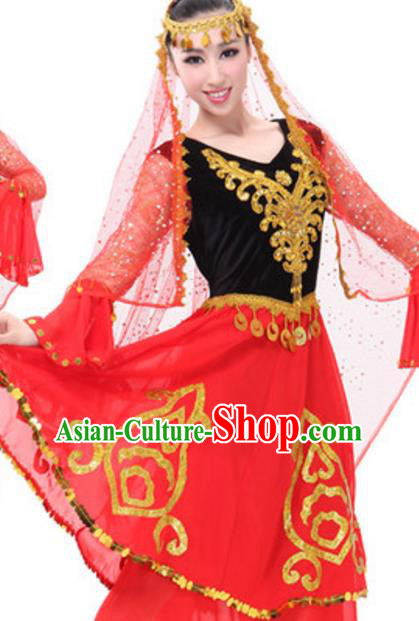 Traditional Chinese Uigurian Ethnic Dance Dress, China Uyghur Minority Folk Dance Costume and Headwear for Women