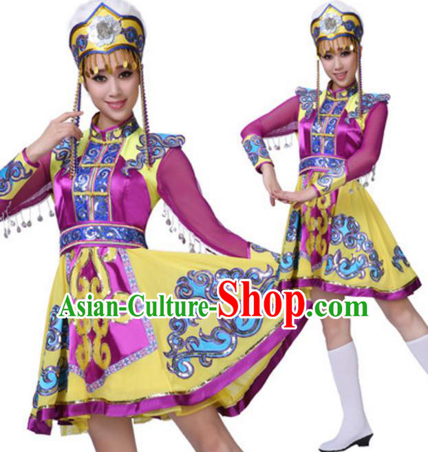 Traditional Chinese Mongols Ethnic Clothing, China Mongolian Minority Folk Dance Costume and Headwear for Women