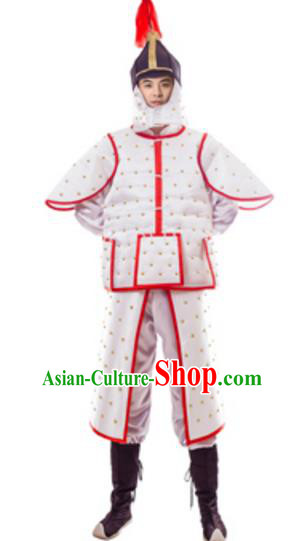 Traditional Chinese Ancient Manchu General Costume Qing Dynasty Warriors White Historical Body Armor and Helmet Complete Set