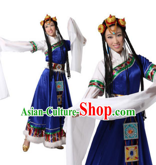 Traditional Chinese Zang Ethnic Dance Blue Dress, China Tibetan Minority Folk Dance Costume and Headwear for Women