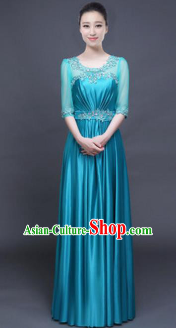 Top Grade Chorus Group Blue Full Dress, Compere Stage Performance Classical Dance Choir Costume for Women