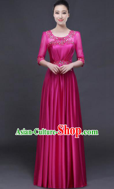 Top Grade Chorus Group Rosy Full Dress, Compere Stage Performance Classical Dance Choir Costume for Women