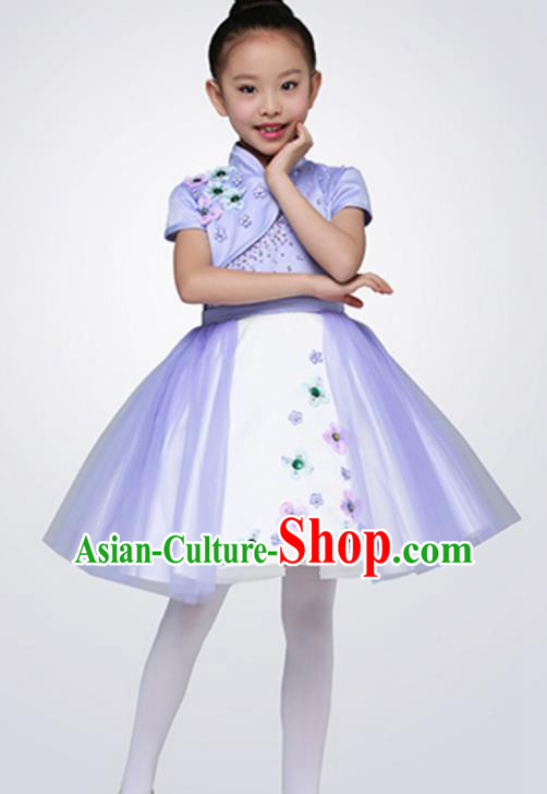 Top Grade Children Classical Dance Purple Chorus Dress, Compere Stage Performance Choir Costume for Kids