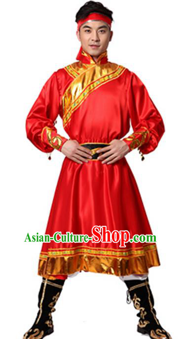Traditional Chinese Mongolian Nationality Ethnic Clothing, China Mongols Minority Folk Dance Red Costume for Men